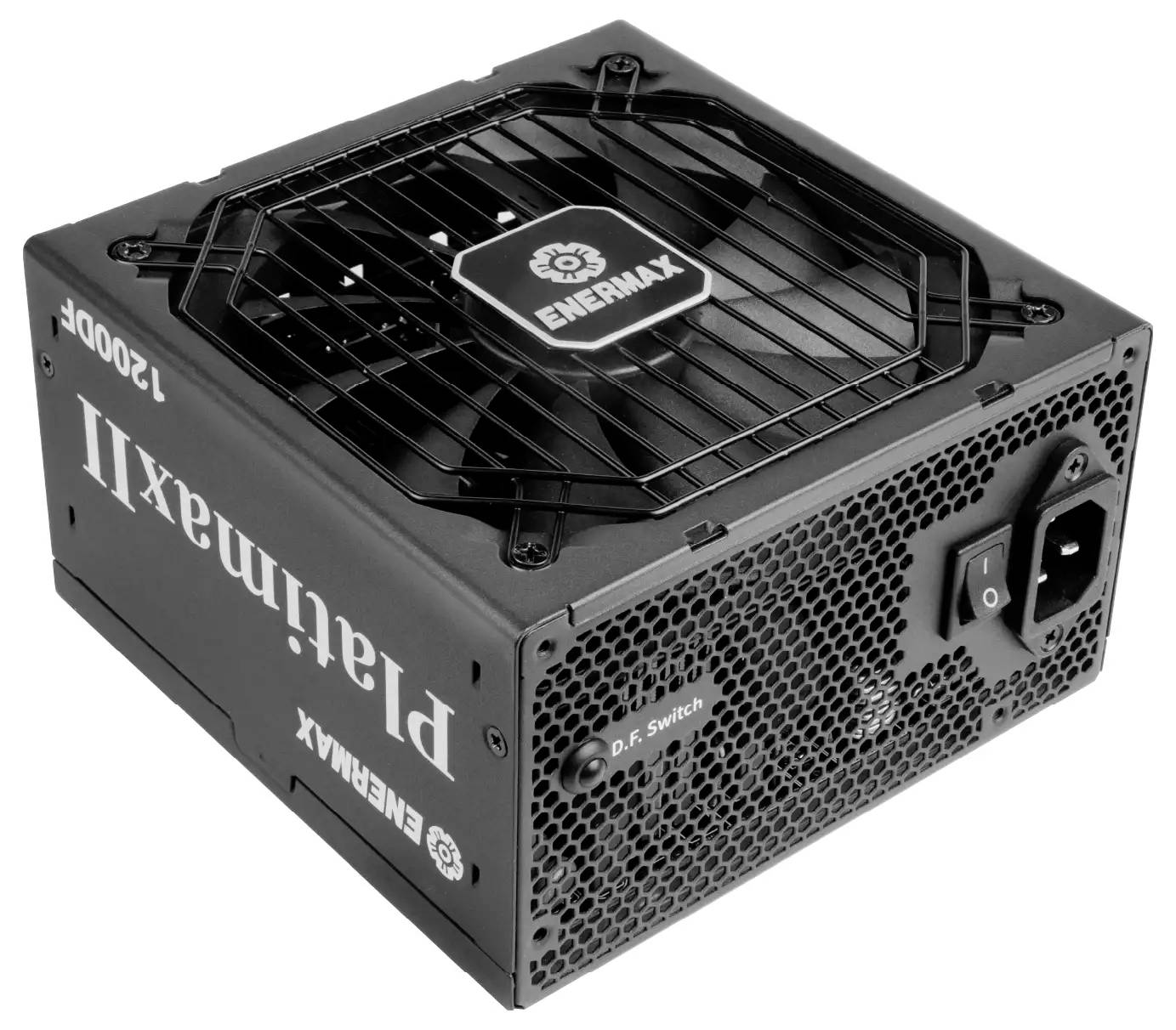 Enermax Platimax 1200W počítačová jednotka napájecího zdroje s chladícím ventilátorem, spínačem napájení a zásuvkou střídavého proudu.