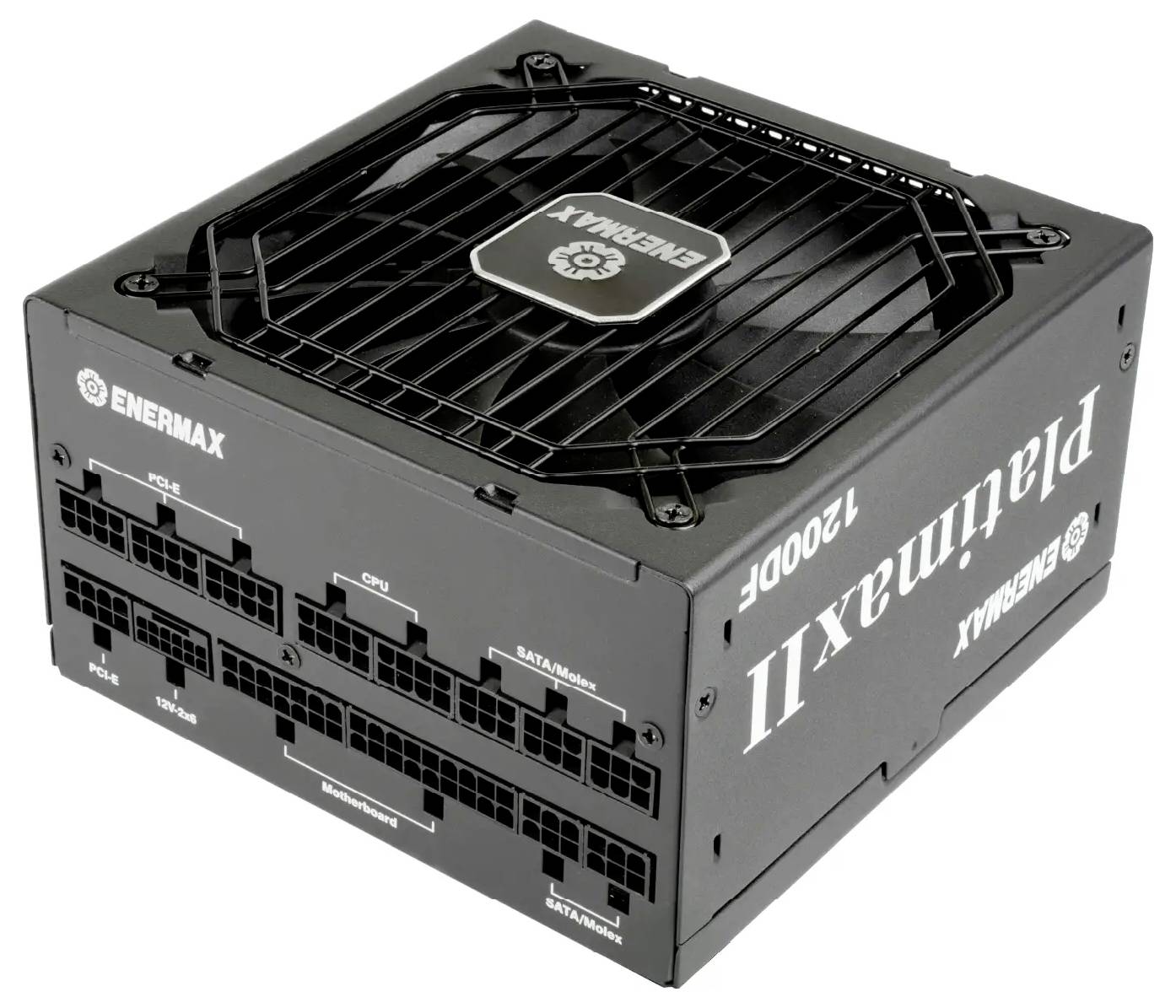 Černý počítačový zdroj Enermax Platimax II 1200W s vrchním chladícím ventilátorem a modulárními porty kabelů