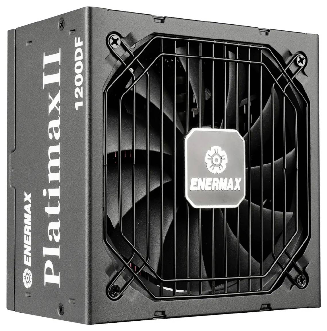 Černý zdroj Enermax Platimax II 1200D pro počítač s mřížkou ventilátoru a logem "ENERMAX" na přední straně.