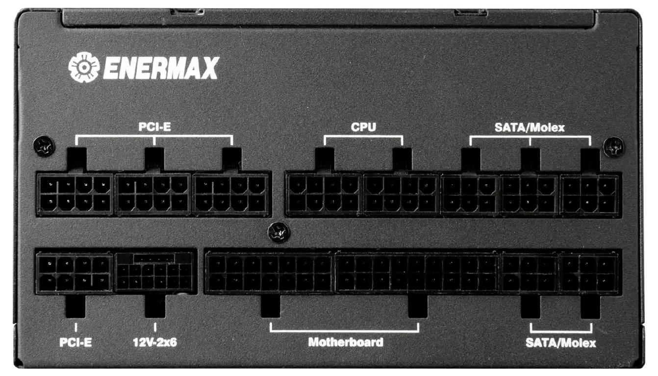 Detailní záběr panelu modulárního zdroje Enermax s označenými porty kabelů pro PCI-E, CPU, SATA/Molex, desku s plošnými spoji a připojení 12V-2x6.