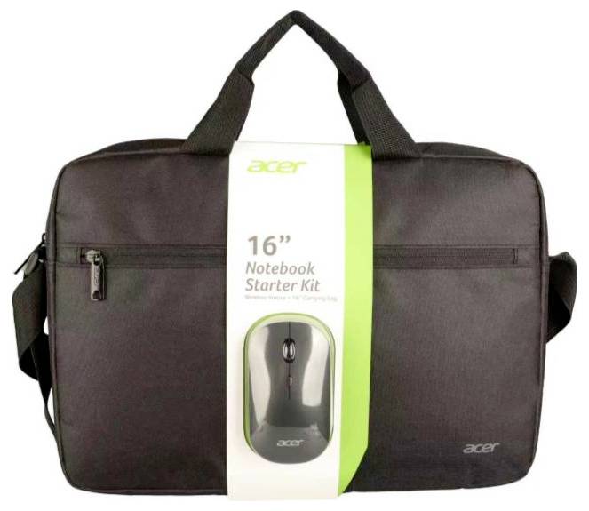 Černá taška startovací sady notebooku s dvěma rukojeti, kapsou na zip a přiloženým štítkem s inzercí pro notebooky Acer o velikosti 16", včetně myši.