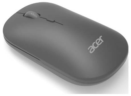 Hladká, šedá bezdrátová počítačová myš Acer s posuvným kolečkem, navržená pro hladkou použitelnost a pohodlí.