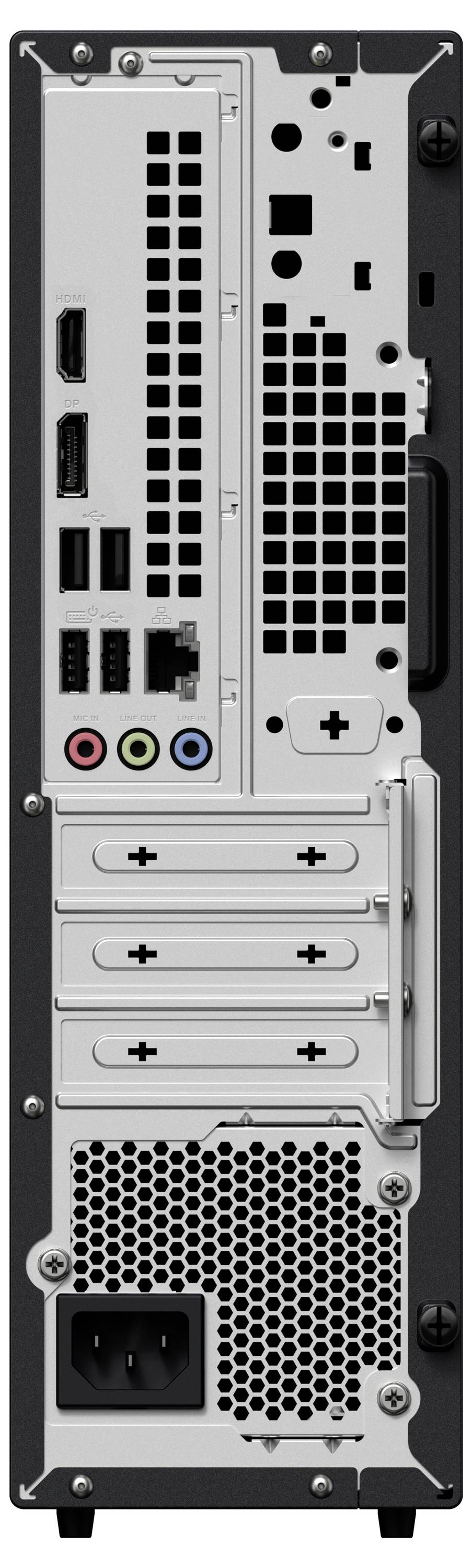 Zadní pohled na počítačovou věž s více porty, včetně HDMI, USB a audio zásuvek, se sloty pro rozšiřující karty a zásuvkou zdroje napájení v dolní části.