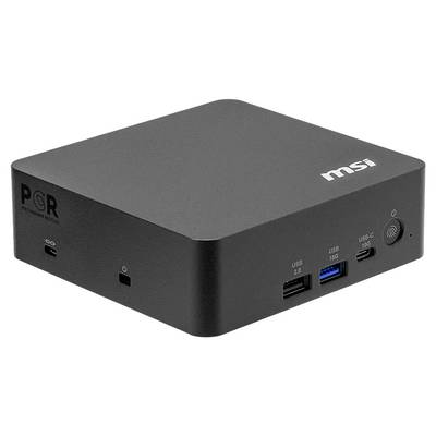 Kompaktní MSI mini PC s předními porty USB a tlačítkem napájení, zobrazený v tříčtvrtinovém pohledu na bílém pozadí.