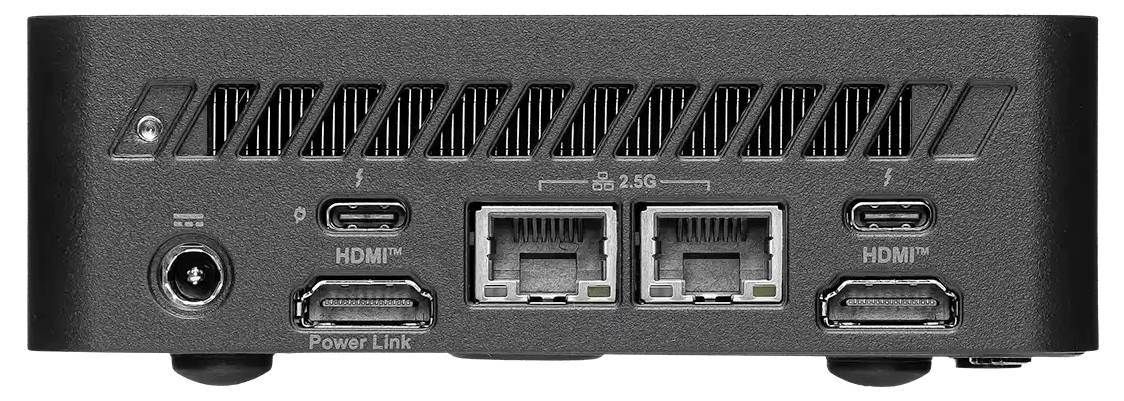 Zadní pohled na černém elektronickém zařízení se vstupem energie, portem Power Link, dvěma porty Ethernet a konektory HDMI vstup/výstup.