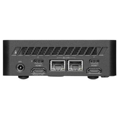 Zadní pohled na černém elektronickém zařízení se vstupem energie, portem Power Link, dvěma porty Ethernet a konektory HDMI vstup/výstup.