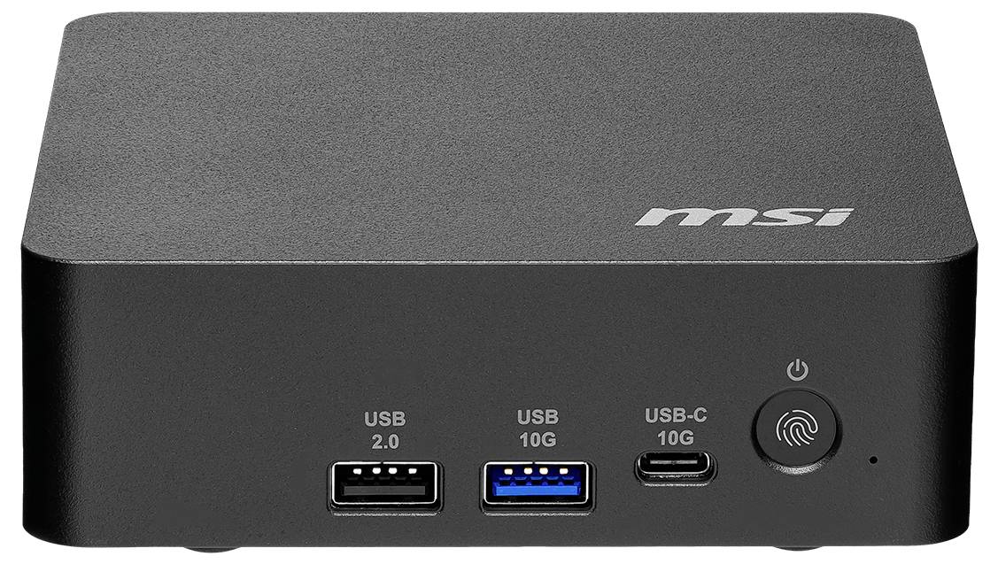 Přední pohled na mini PC od MSI zobrazující tři porty označené jako USB 2.0, USB 10G a USB-C 10G, plus tlačítko napájení s ikonou otisků prstů.