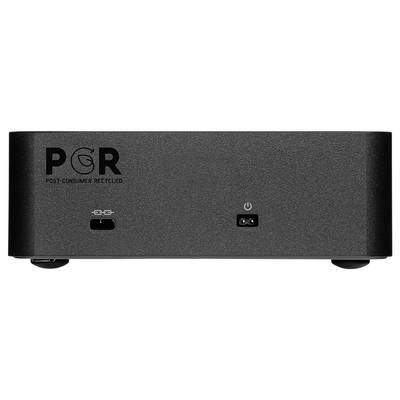 Černé elektronické zařízení s logem „PCR" a „POST-CONSUMER RECYCLED" na přední straně, plus malé ikony řetězu a indikátory napájení nad dvěma porty/tlačítky.