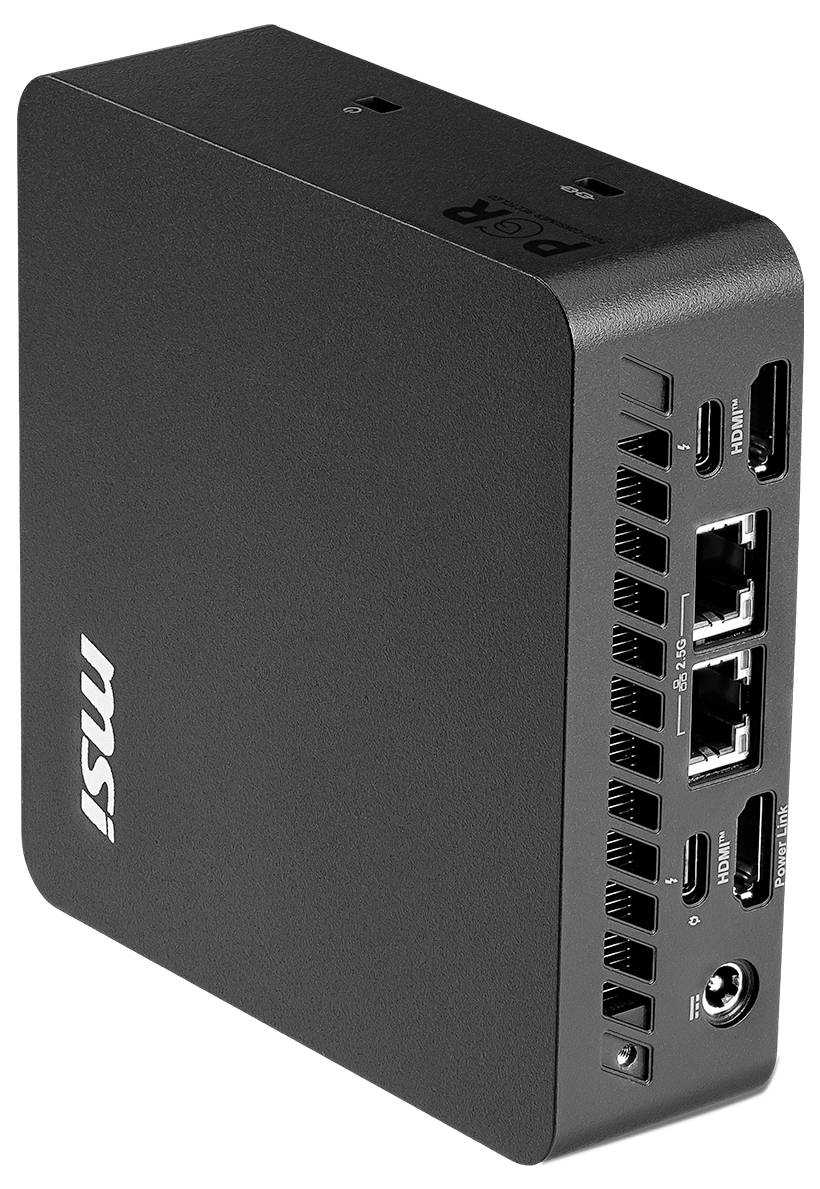 Černý mini PC od MSI s více porty na přední straně, včetně HDMI, USB, Ethernetu a napájecího konektoru.