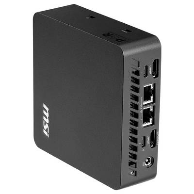 Černý mini PC od MSI s více porty na přední straně, včetně HDMI, USB, Ethernetu a napájecího konektoru.