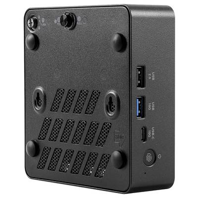 Malý černý počítač se zadními porty: dva USB-A, jeden USB-C, tlačítko napájení, větrací otvory a horní ovládací knoflíky.