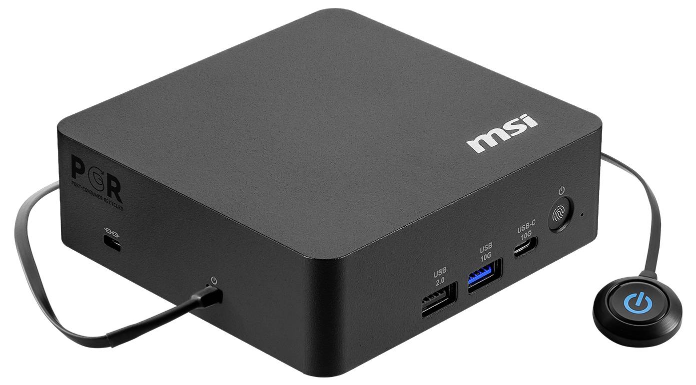 Černý mini PC značky MSI s předními porty USB a kulatým modrým tlačítkem napájení na drátovém dálkovém ovladači