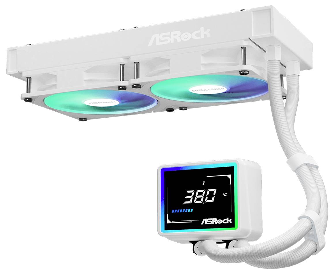 Bílý ASRock tekutý CPU chladič se dvěma RGB osvětlenými ventilátory, chladičem a malým digitálním displejem zobrazujícím '38°C'.