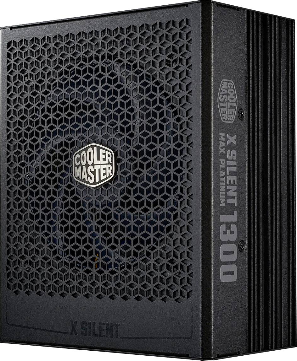 Černá jednotka napájecího zdroje Cooler Master X Silent Max Platinum 1300 W s šestihrannou mřížkou a logem na přední panel.