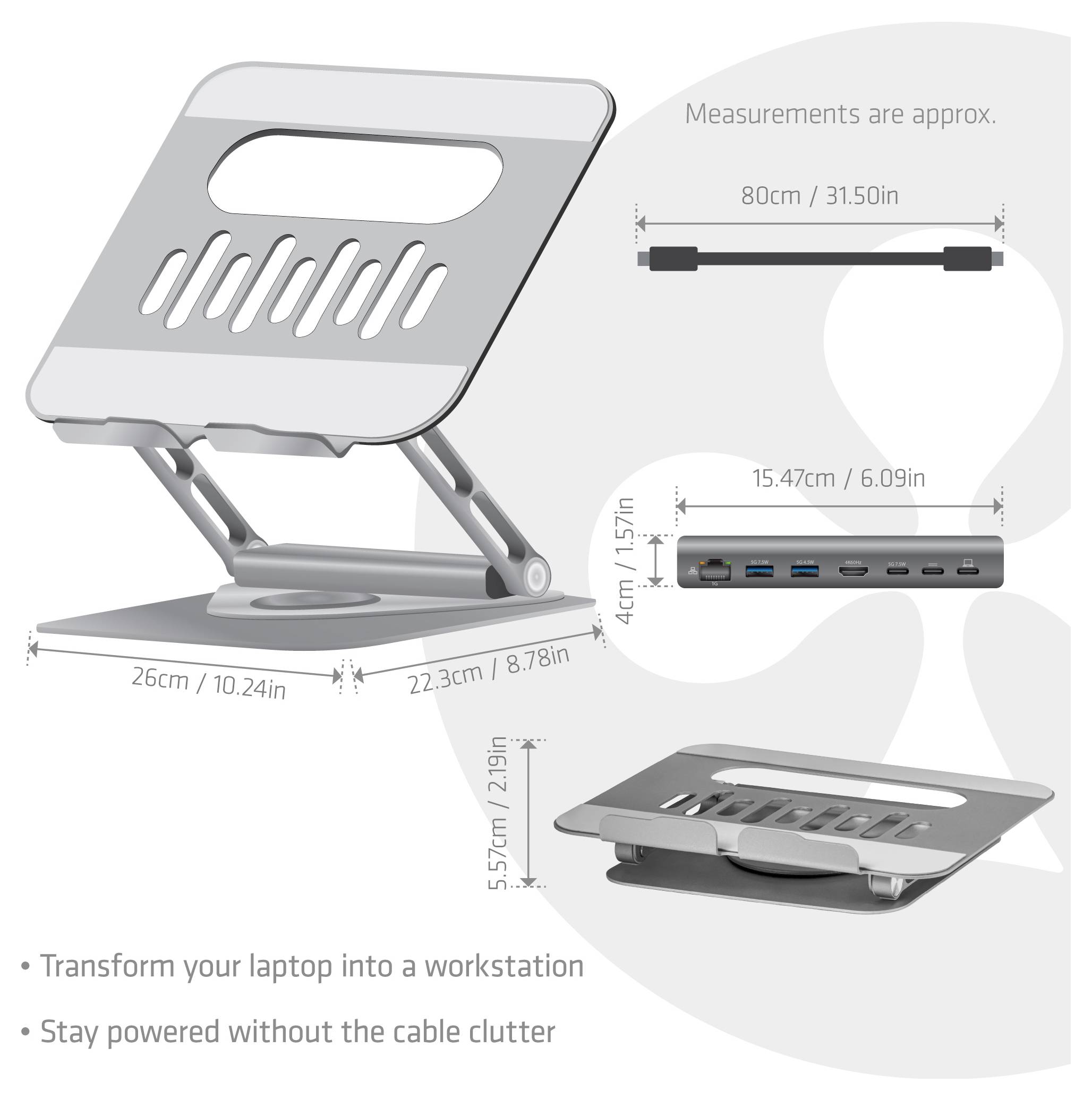 Nastavitelný podstavec pro notebook se správou kabelů, zobrazující rozměry: Výška-52cm, Šířka-26cm, Hloubka-22,3cm. Součástí je více zásuvných portů.