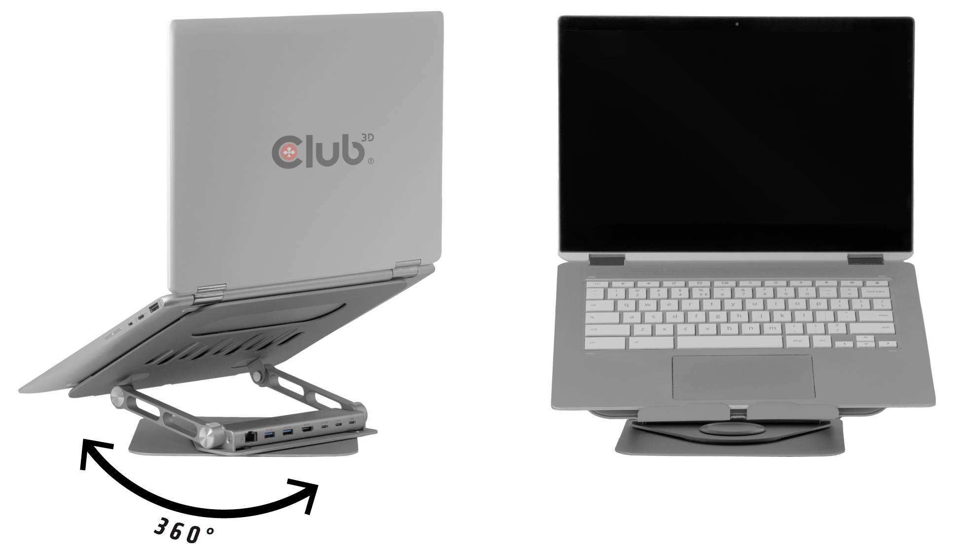 Laptop na nastavitelném stojanu ukazující jeho schopnost naklánět se o 360 stupňů, čímž se zvyšuje ergonomické používání a proudění vzduchu pod zařízením.