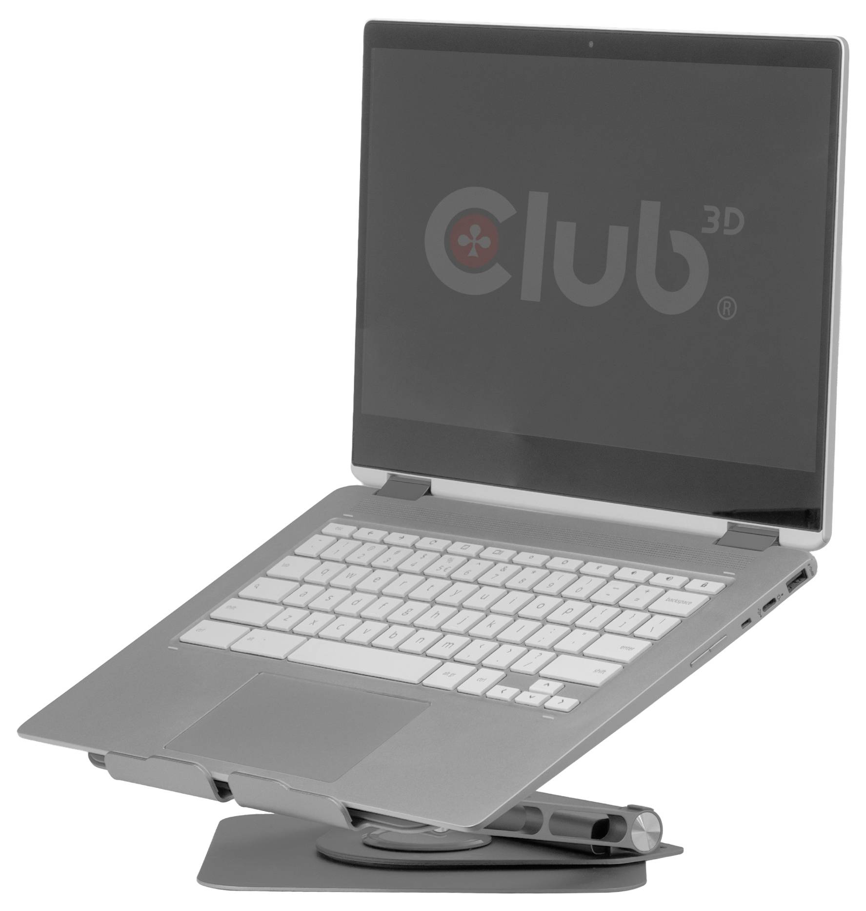 Stříbrný notebook na nastavitelném stojanu, částečně otevřený, ukazující klávesnici a obrazovku. Stojan umožňuje různé úhly pohledu.