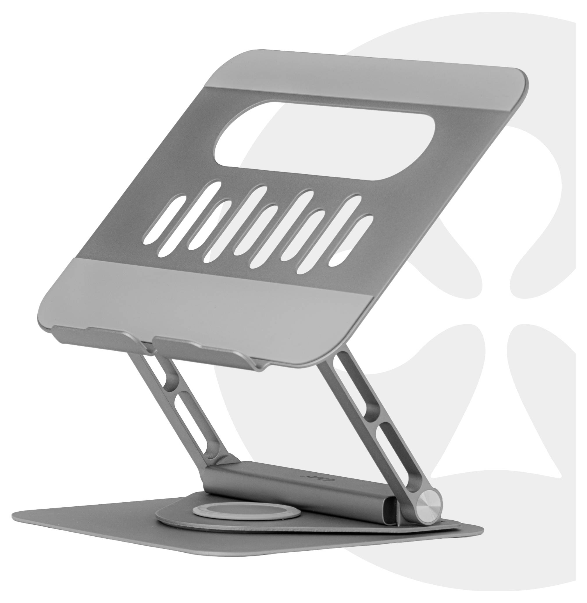 Nastavitelný šedý stojan na laptop s ventilačními štěrbinami, navržený pro ergonomické použití. Obsahuje výřez na madlo a skládací konstrukci pro přenositelnost.