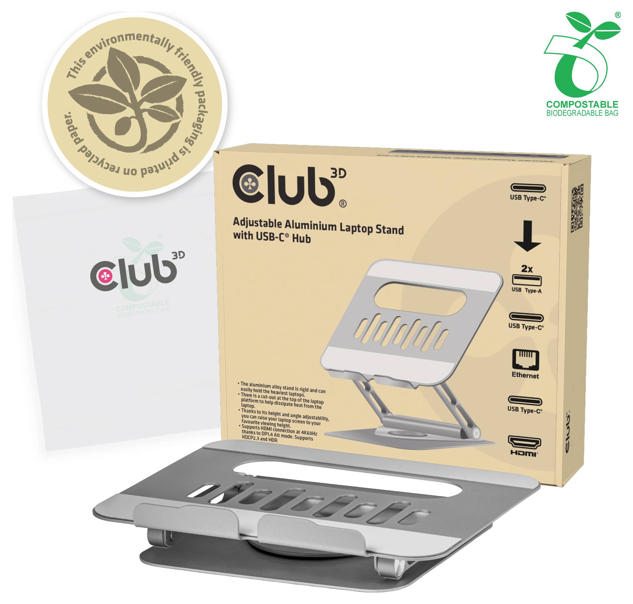 Balení 'Nastavitelného hliníkového stojanu na notebook Club3D s rozbočovačem USB-C' zobrazující obrázek produktu, funkce a poznámku o ekologickém balení.