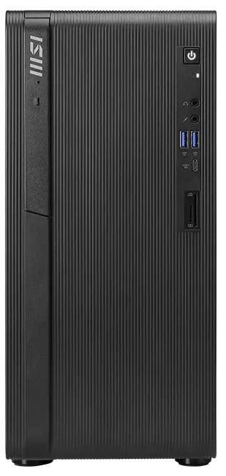 Přední pohled na černou stolní věž PC od společnosti MSI se svislým vroubkovaným předním panelem a předními porty USB, audio jacky a tlačítkem napájení.