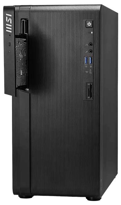 Černá stolní věž PC od MSI zobrazená vpředu-vlevo, se svislým žebrovaným pouzdrem, tlačítkem napájení, porty USB a mechanikou DVD