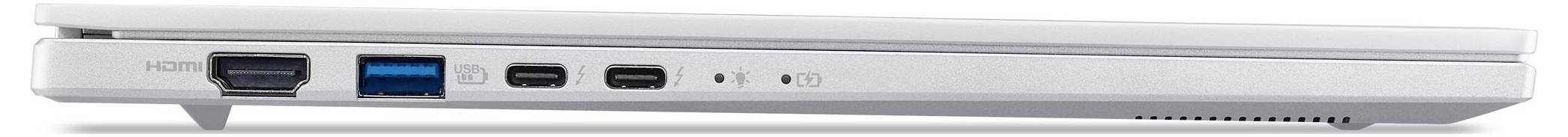 Boční pohled na levý okraj stříbrného notebooku zobrazující port HDMI, port USB-A, indikátor stavu a větrací štěrbiny.