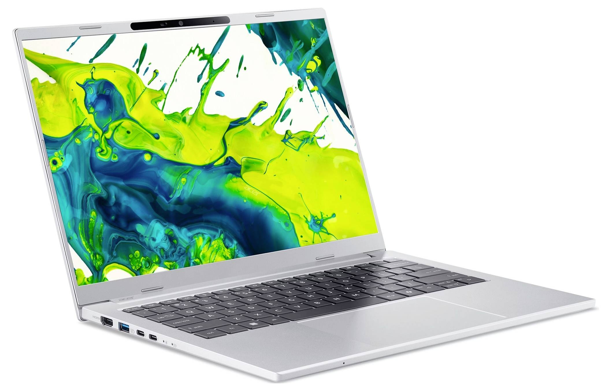 Stříbrný laptop otevřený v úhlu, který na displeji zobrazuje jasnou abstraktní tapetu v podobě zeleného a modrého tekutého stylu.