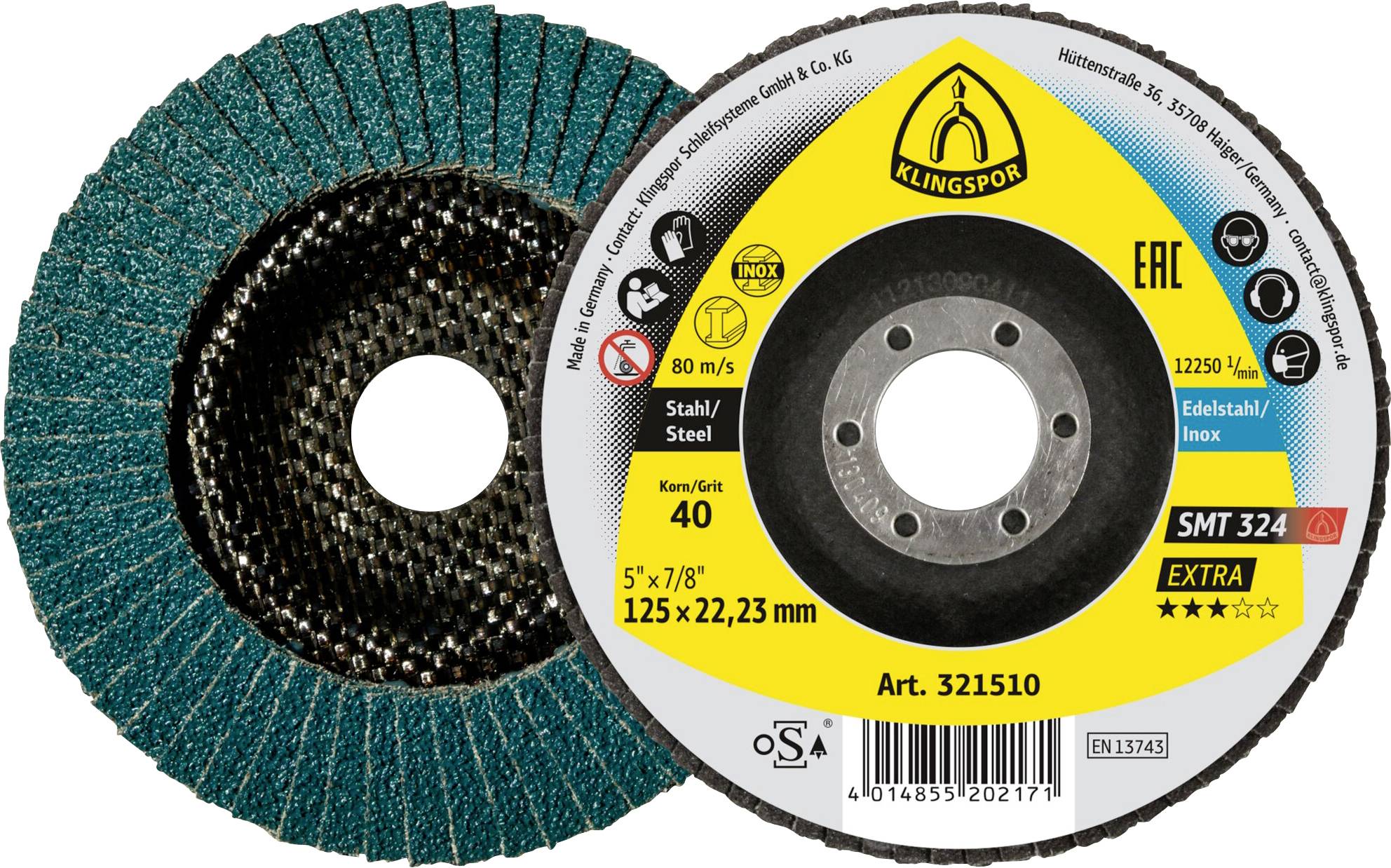 Brusný lamelový kotouč na ocel, SMT 324, zrnitost 40, 125x22,23 mm, max 80 m/s, značka Klingspor, extra odolnost pro brousicí práce.