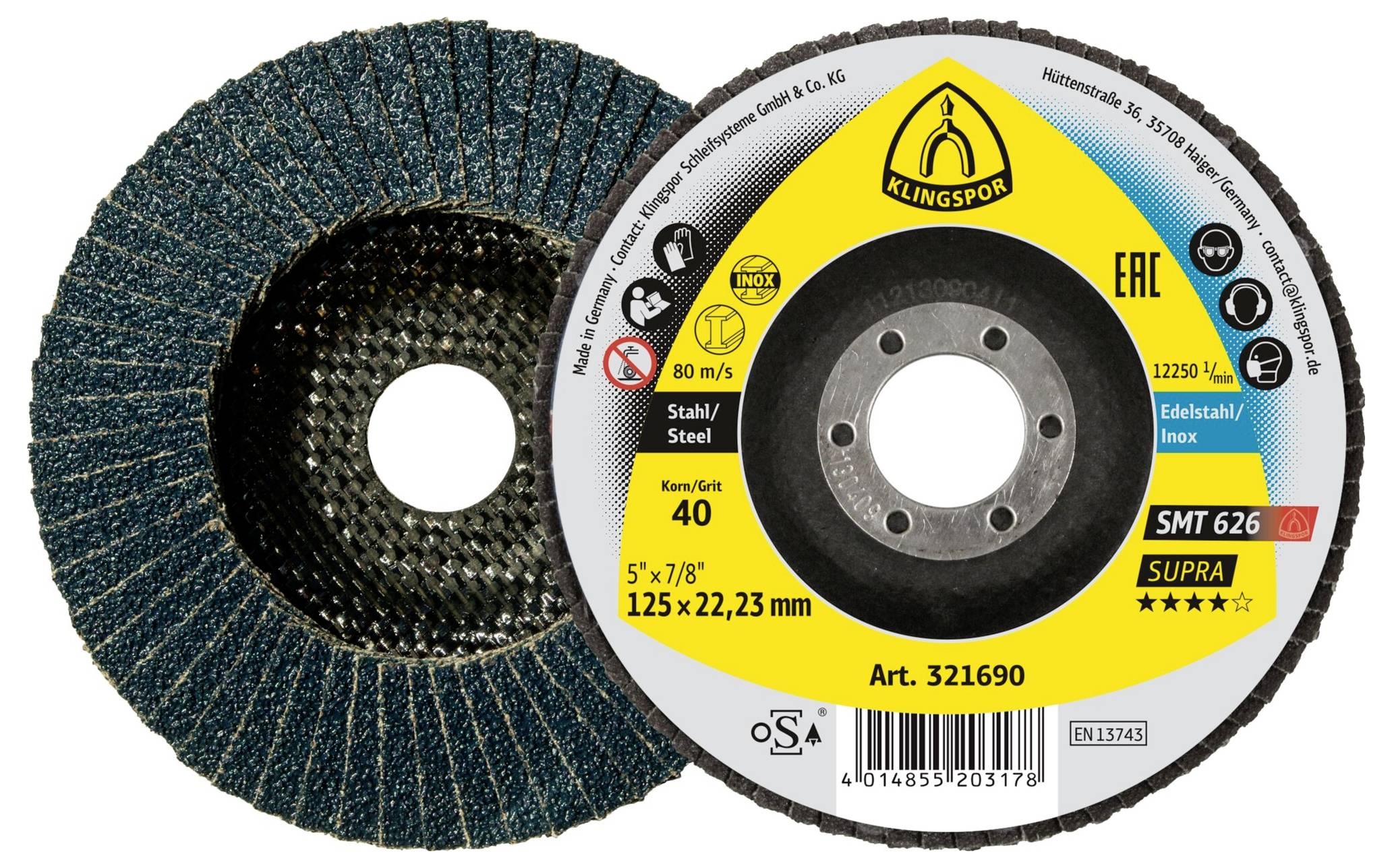 Brusný kotouč se žlutým štítkem obsahující specifikace: zrnitost 40, pro ocel, 125x22,23 mm. Značka je Klingspor.