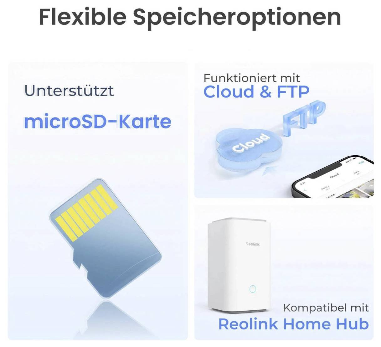 Flexibilní možnosti ukládání: Podporuje microSD kartu, funguje s Cloud a FTP, kompatibilní s Reolink Home Hub.