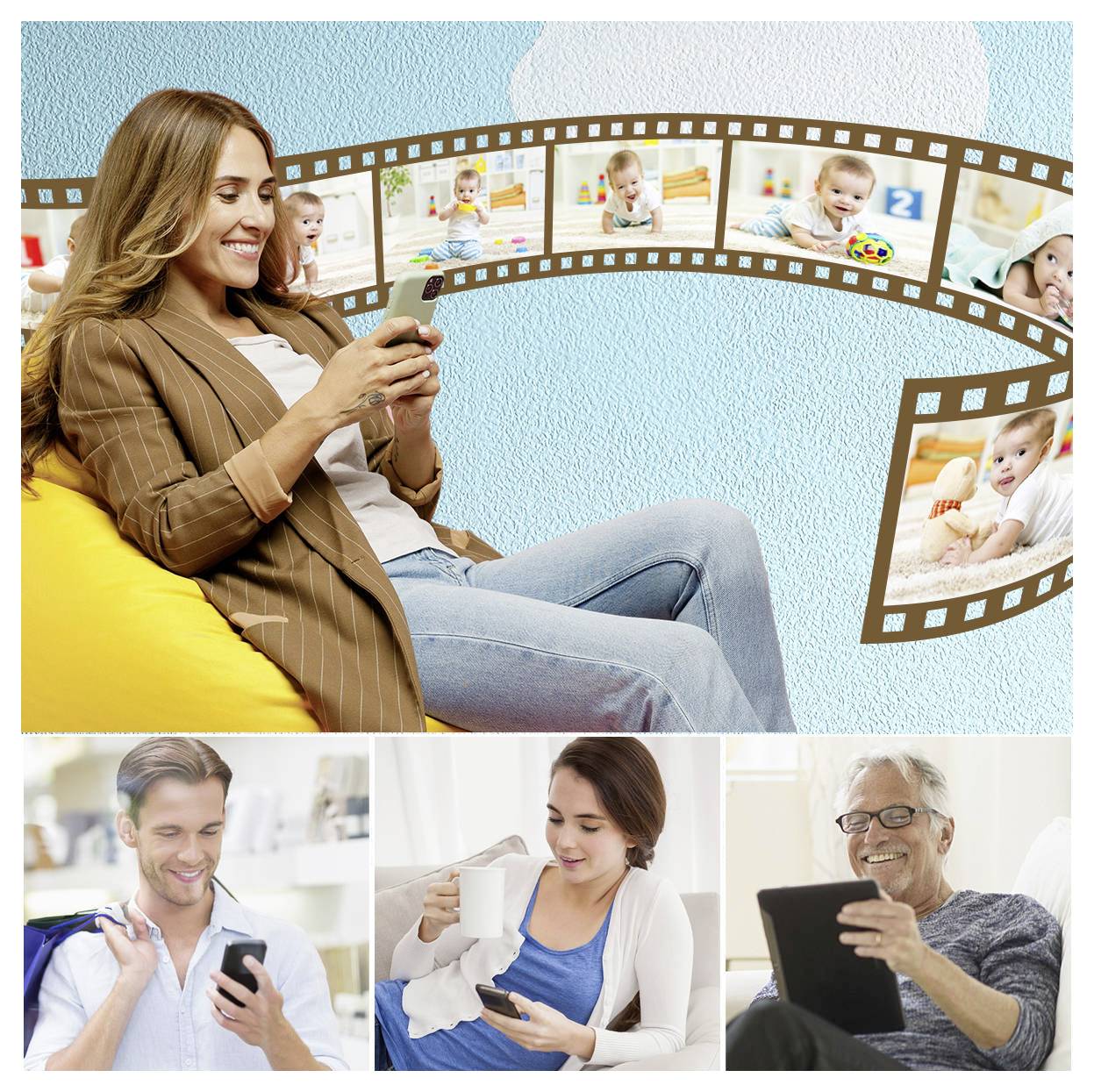 'Žena na gauči používá svůj chytrý telefon, zatímco nad ní se vznáší filmový pás s fotografiemi dětí. Dole tři lidé používají digitální zařízení.'