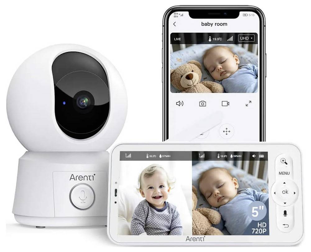 Systém videobaby monitoru zobrazující spícího chlapce na chytrém telefonu a samostatném displeji s otočnou kamerou v popředí.