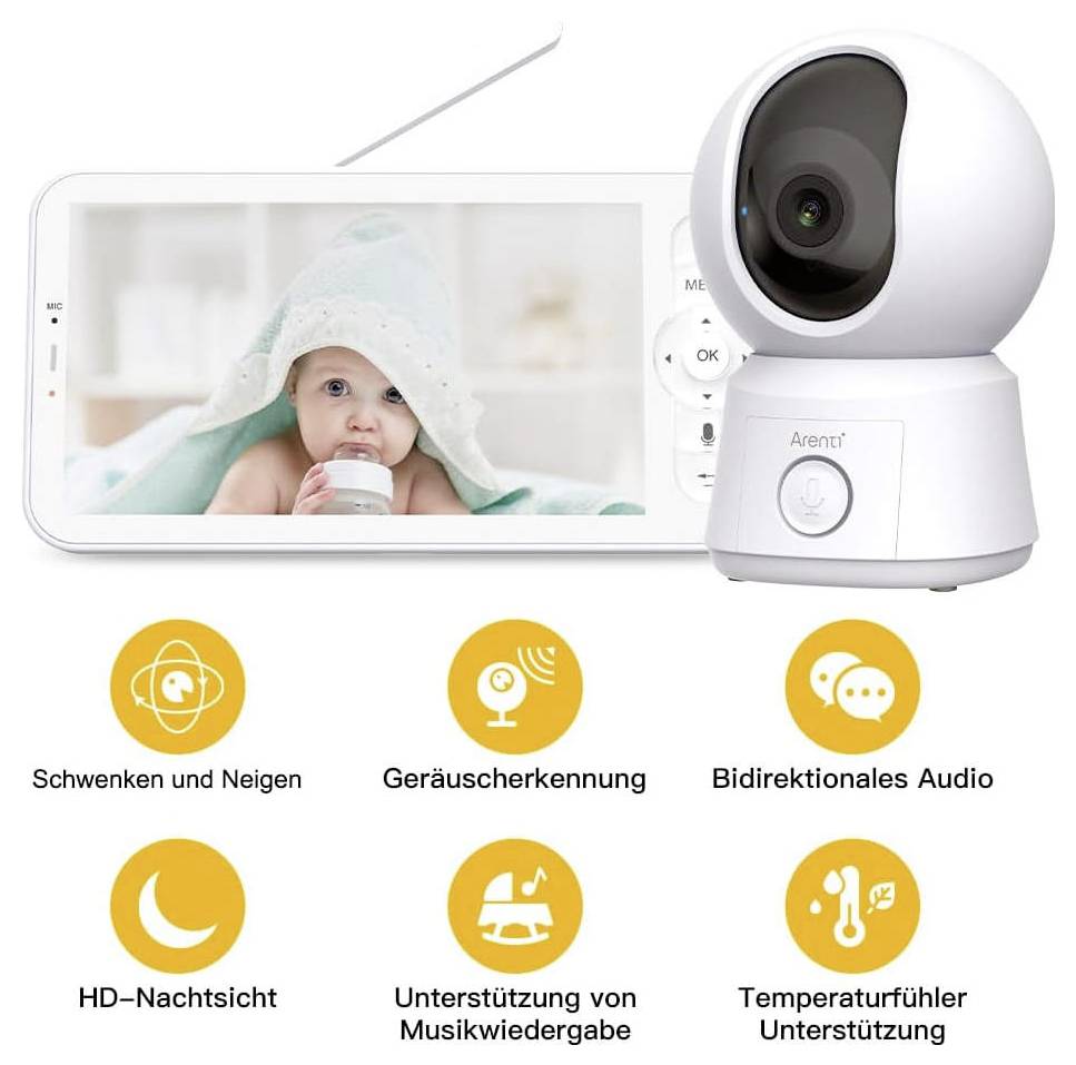 Chůvová jednotka s kamerou a monitorem zobrazuje miminko s lahví. Funkce: Otáčení, rozpoznávání zvuku, zvuk, noční vidění, hudba, teplota.