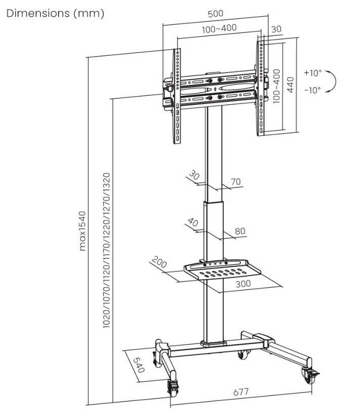 Diagram mobilního TV stojanu s nastavitelnými výškami montáže v rozsahu 1020 až 1540 mm, funkcí naklánění a robustní základnou s kolečky.