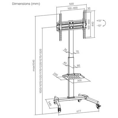 Diagram mobilního TV stojanu s nastavitelnými výškami montáže v rozsahu 1020 až 1540 mm, funkcí naklánění a robustní základnou s kolečky.