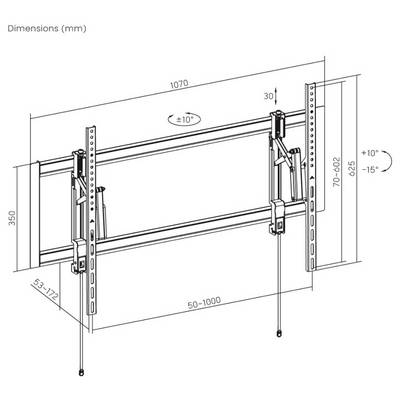Technický diagram ukazující rozměry montážního držáku: šířka 1070 mm, nastavitelná od 50-1000 mm, svislá délka 350 mm a úhly naklonění ±10°.