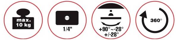 „Max 10 kg", „1/4 palce", ikony upravitelných úhlů „+90º ~ -28º", „360º otočení" označují vlastnosti produktu.