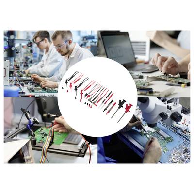 Koláž techniků opravujících desky plošných spojů v laboratoři s centrálním kruhem zobrazujícím různorodé šroubováky a přesné nástroje.