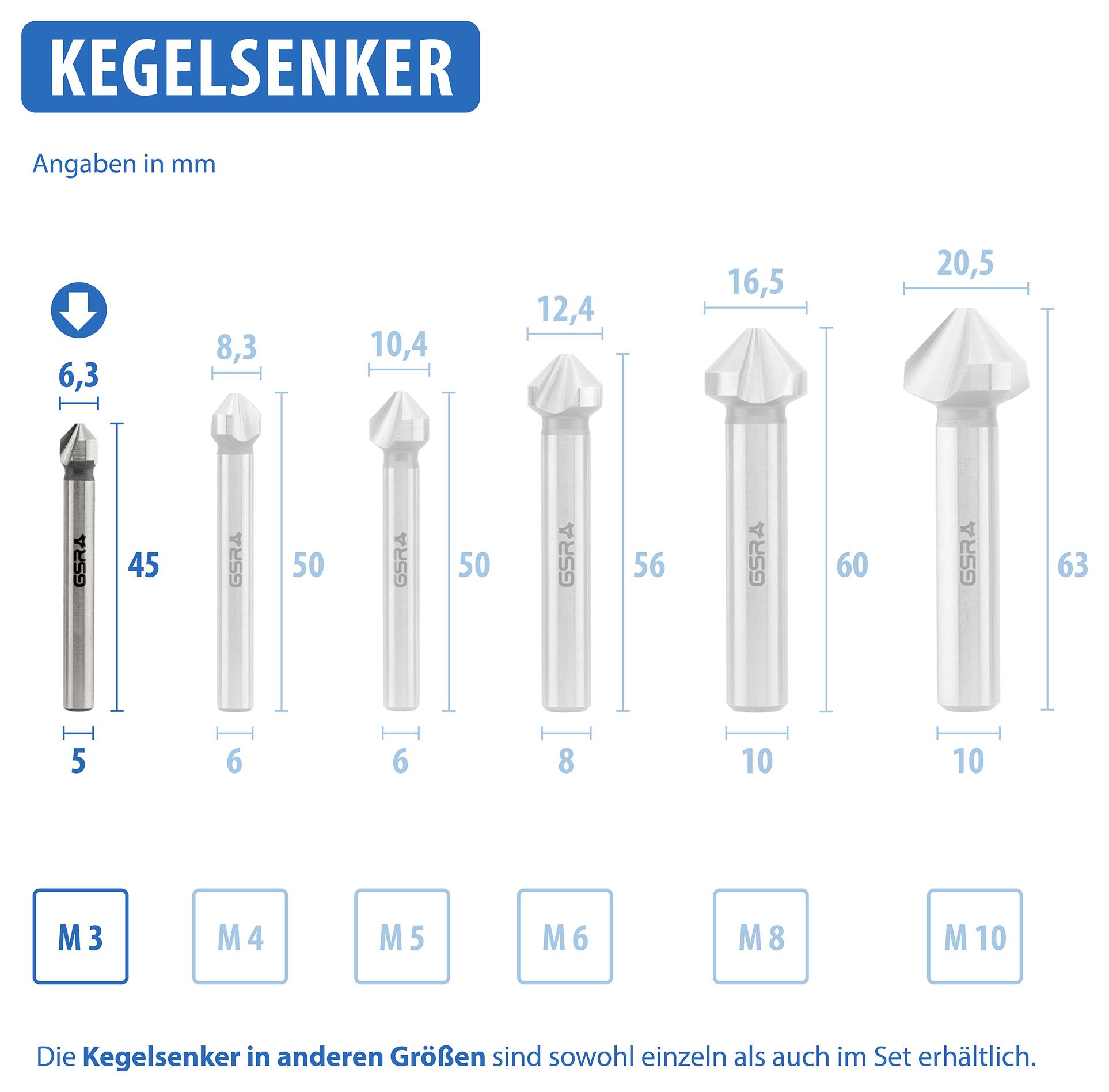 Kónické záhlubovače v různých velikostech od 3 do 10 mm zobrazené. Každý záhlubovač s délkou a průměrem uvedeným v mm.