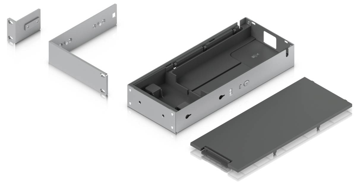 'Rozložený pohled na kryt pevného disku počítače zobrazující rozloženou kovovou kostru a součástky, ilustrující instalační komponenty.'
