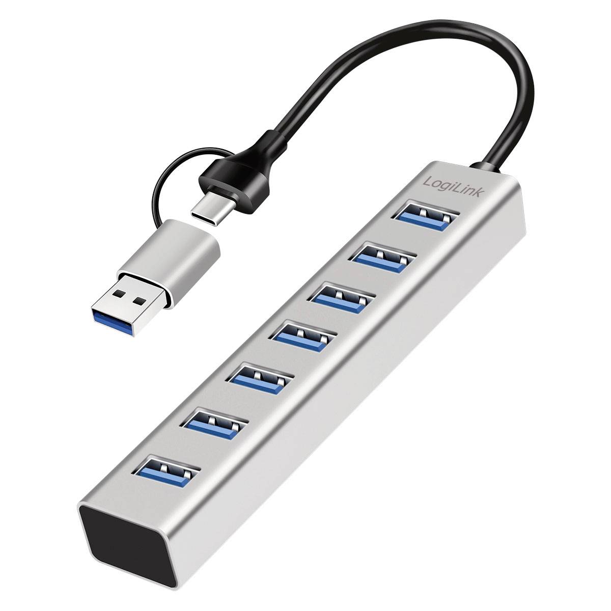 Stříbrný 7portový USB 3.0 rozbočovač s připojeným USB kabelem a konektory, zobrazený na bílém pozadí.
