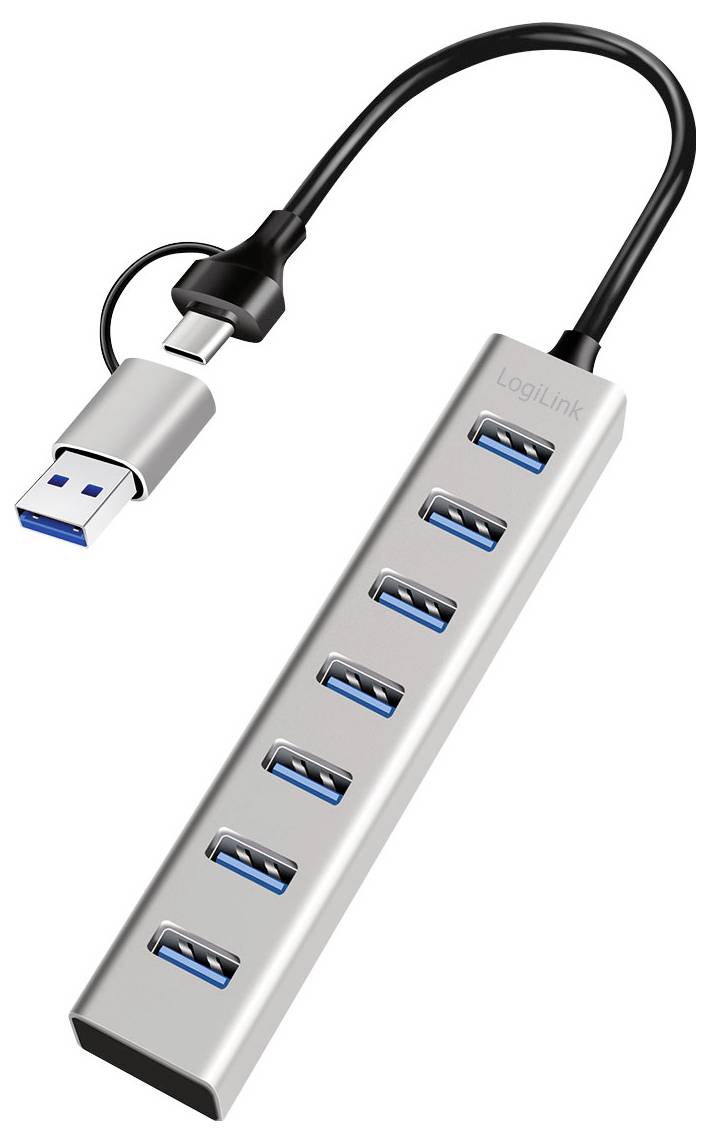 USB-C rozbočovač na USB-A s sedmi porty USB-A na stříbrném adaptéru tvaru tyčky, značka LogiLink.