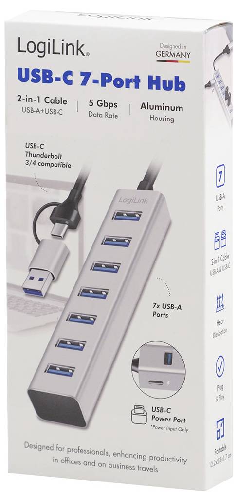 LogiLink USB-C 7portový rozbočovač produktová krabice s kabelem USB-A/USB-C 2v1, rychlostí přenosu dat 5 Gbps, hliníkovým pouzdrem a portem napájení USB-C.