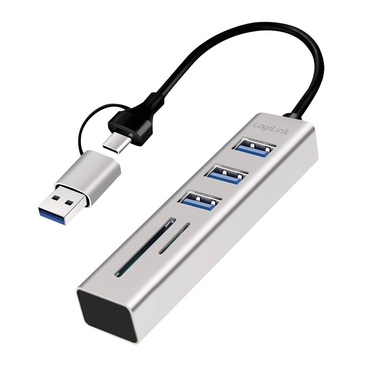 Stříbrný USB-C hub se třemi porty USB-A a čtečkou karet, zobrazený s připojeným kabelem USB-A na USB-C.