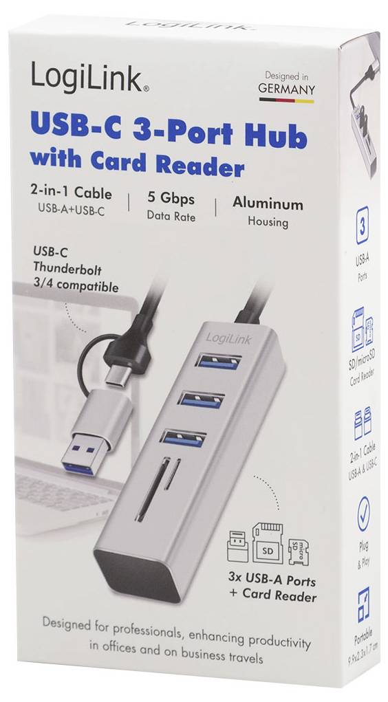Rozbočovač LogiLink USB-C se 3 porty a čtečkou karet, zobrazující kabel 2v1, přenosová rychlost 5 Gbps, pouzdro z hliníku a 3 porty USB-A plus slot pro kartu SD.