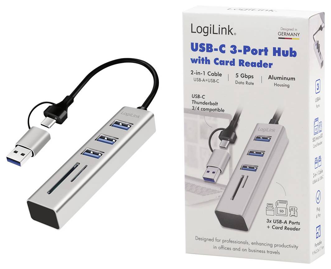 LogiLink UA0445 USB Hub 3 porty USB-A, SDHC, microSDHC USB 3.0 5 GBit/s hliník UA0445-6