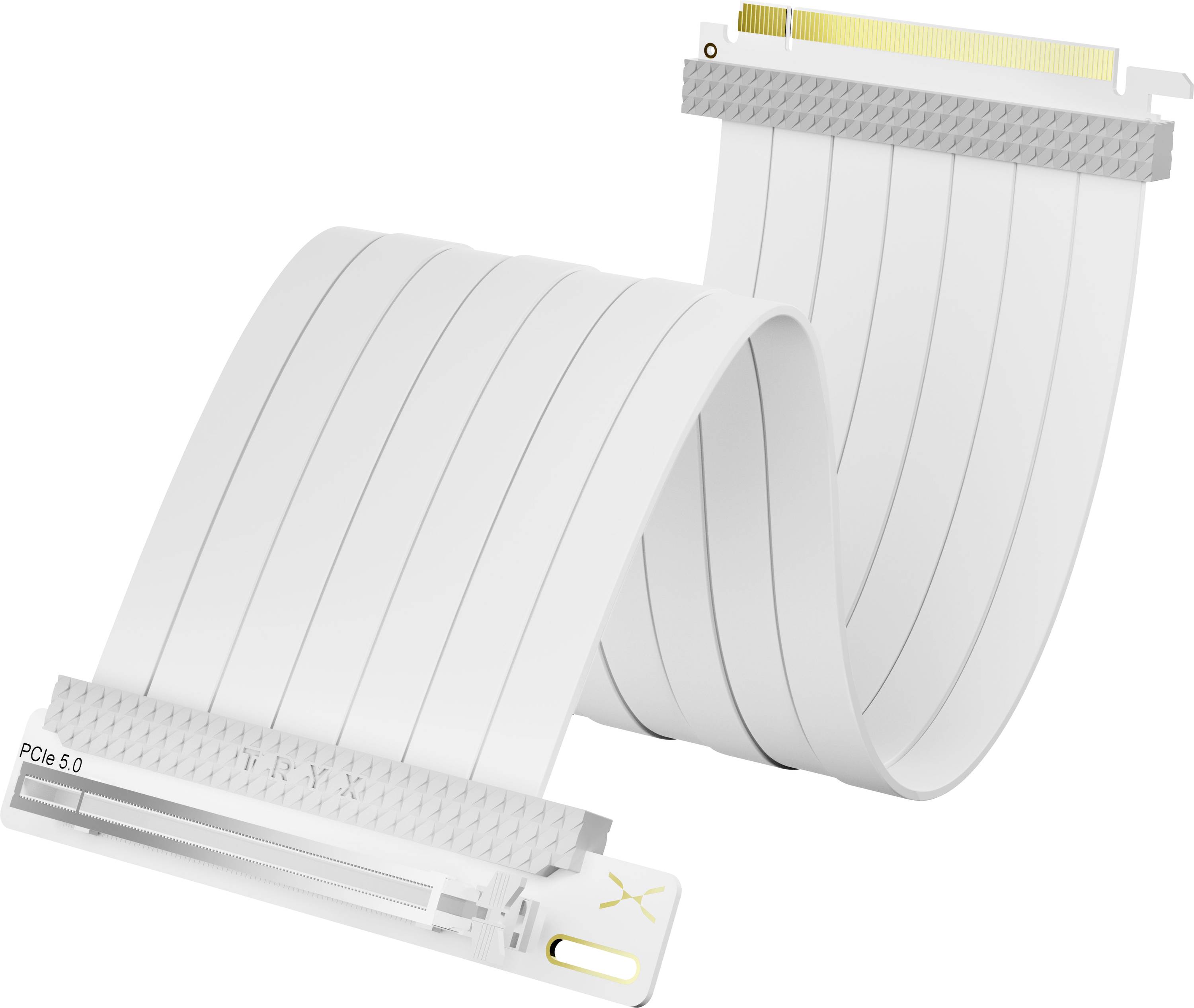Bílý kabel PCIe 5.0 se zvýšenou pozicí se zlatými konektory, navržený pro flexibilní připojení počítačových součástek, zobrazený v navinuté pozici.