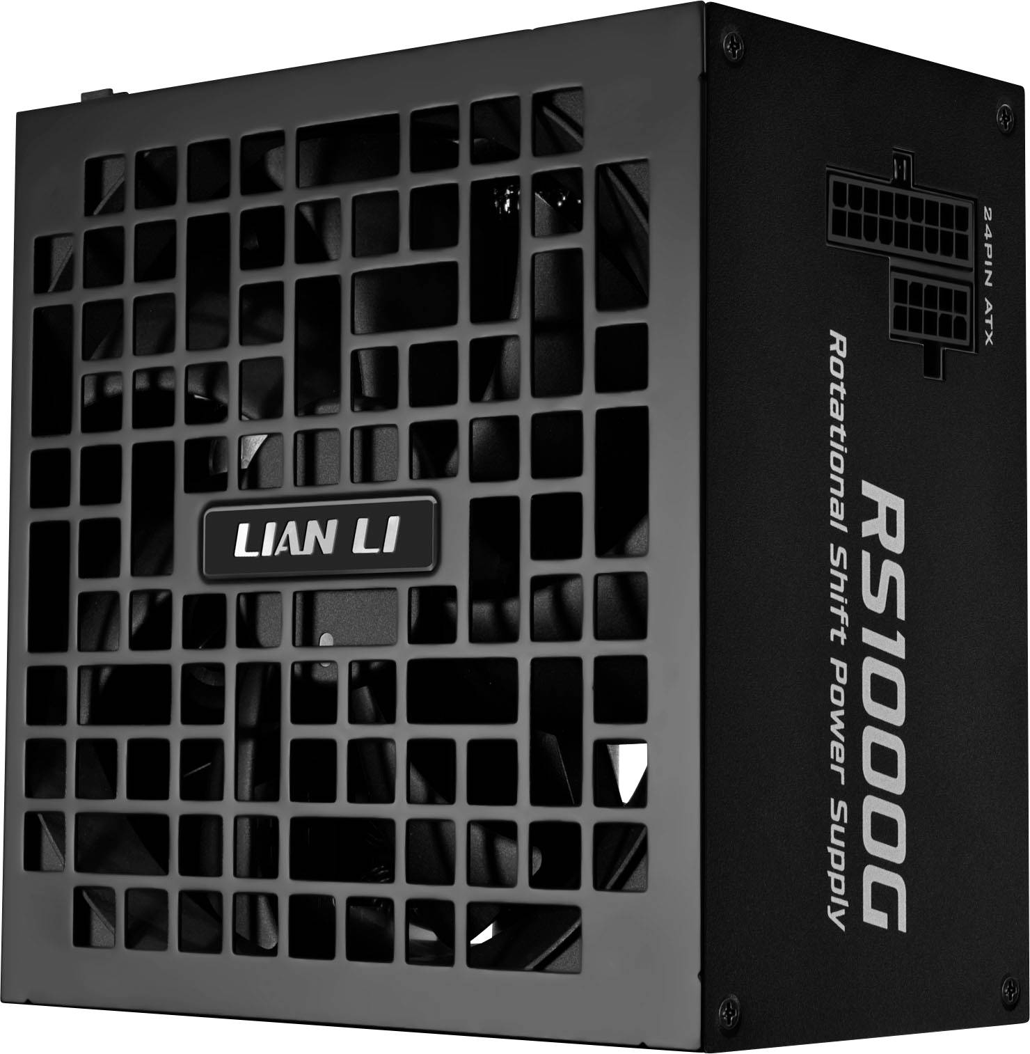"Lian Li RS1000G Rotační přesunová napájecí jednotka" - obrázek produktu zobrazující logo, design mřížky a detaily označení.