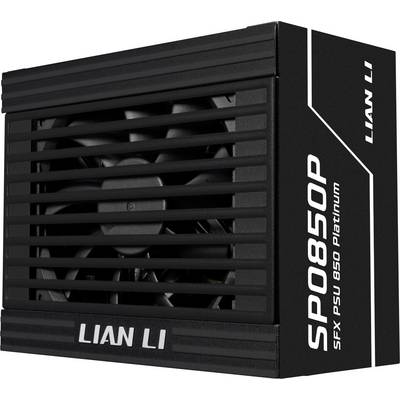 Jednotka zdroje 'LIAN LI SP850P' s černou mřížkou, viditelnýMventilátorem a štítkem modelu na straně.
