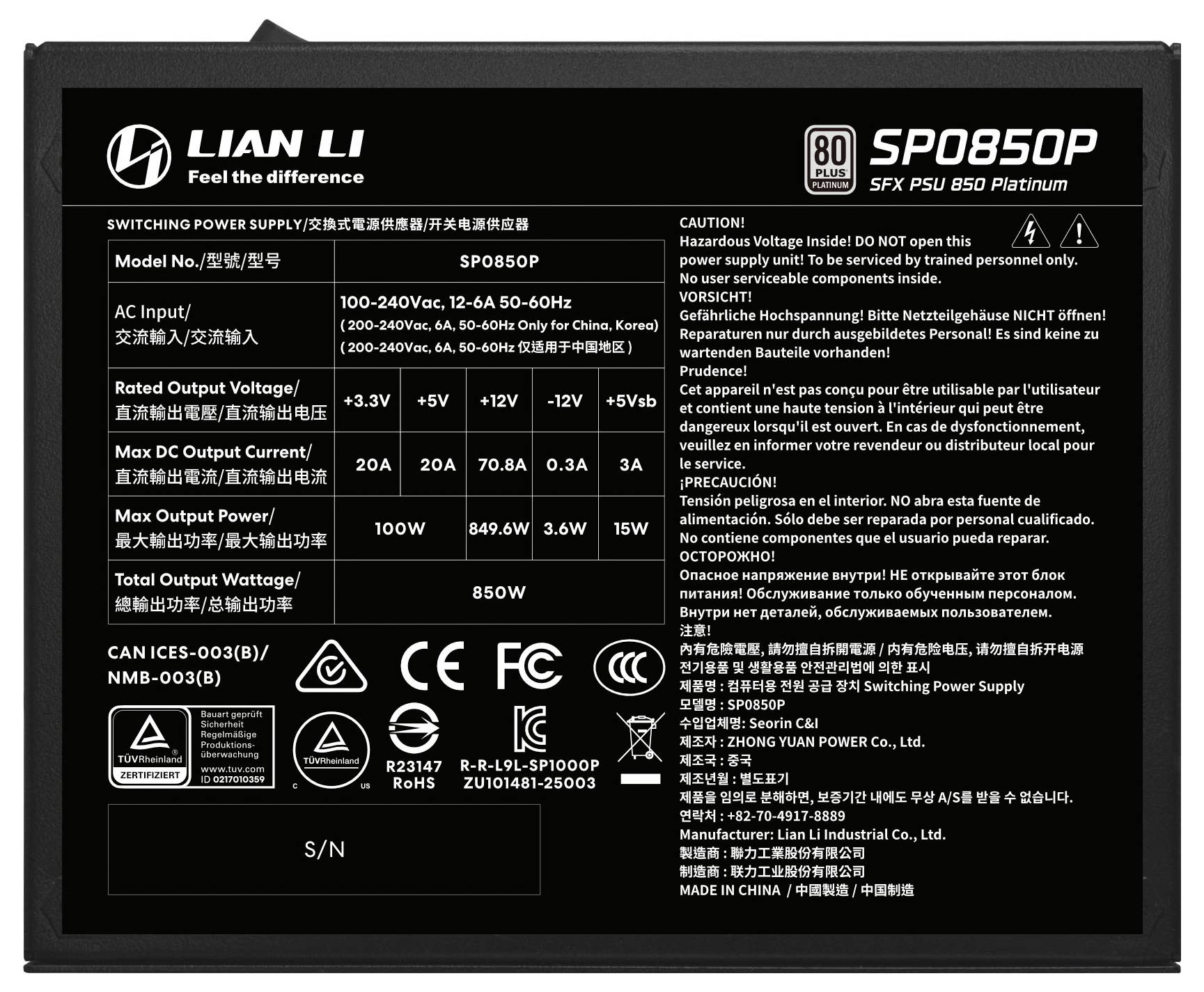 'LIAN LI SP0850P SFX PSU 850 Platinum' štítek zdroje napájení zobrazující specifikace vstupního/výstupního napětí, bezpečnostní varování a loga certifikací.